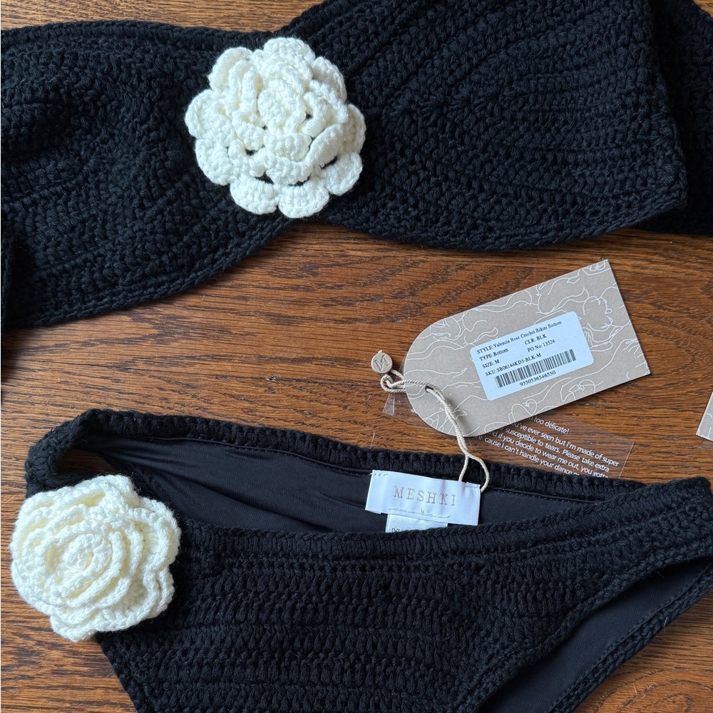 MESHKI Valencia Rose Contrast Crochet Bikini Bottom - Black in Medium